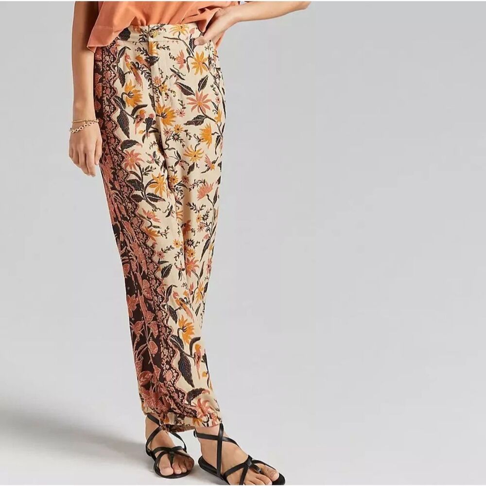 Anthropologie Floral Balloon-Leg Harem Pants Women's Size 4 Tan Brown Orange